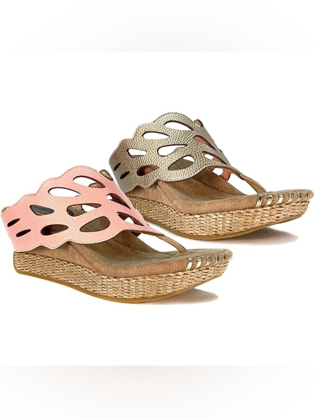 Modzori Reversible Sandals Size 10 Boho Wedge Flip Flops Pink Gold Cutout
